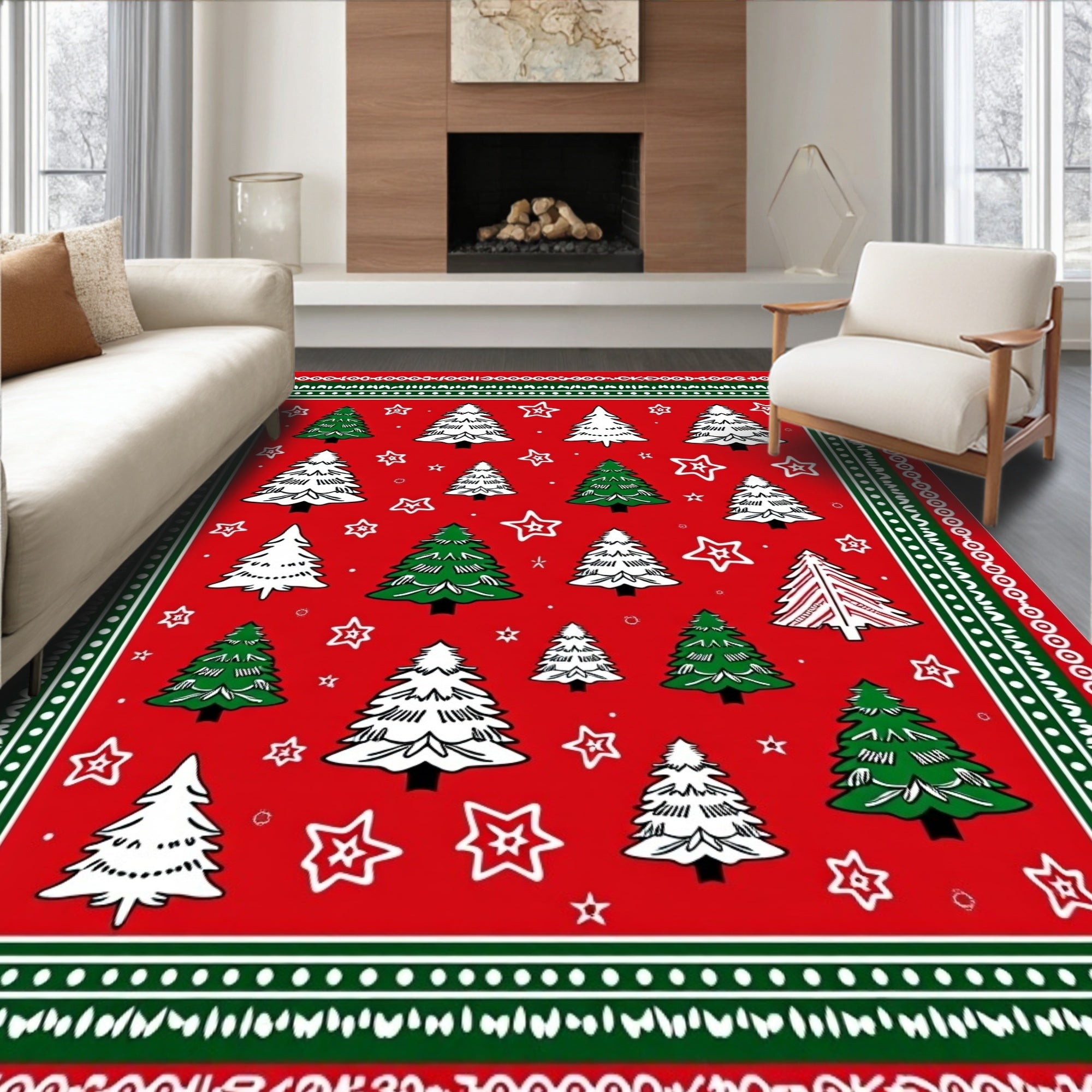 Festive Red Christmas Tree Stars Rug