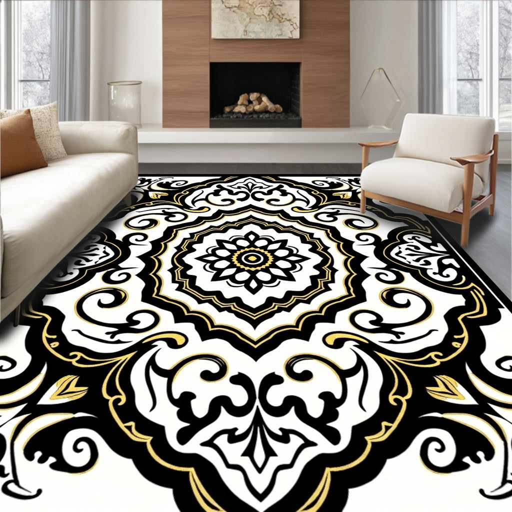 Black Gold Ornate Medallion Floral Rug