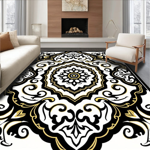Black Gold Ornate Medallion Floral Rug