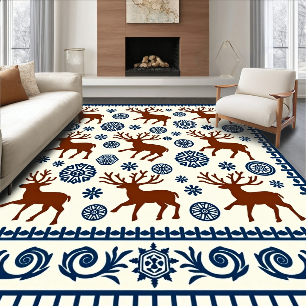 Rustic Brown Reindeer Snowflake Border Rug