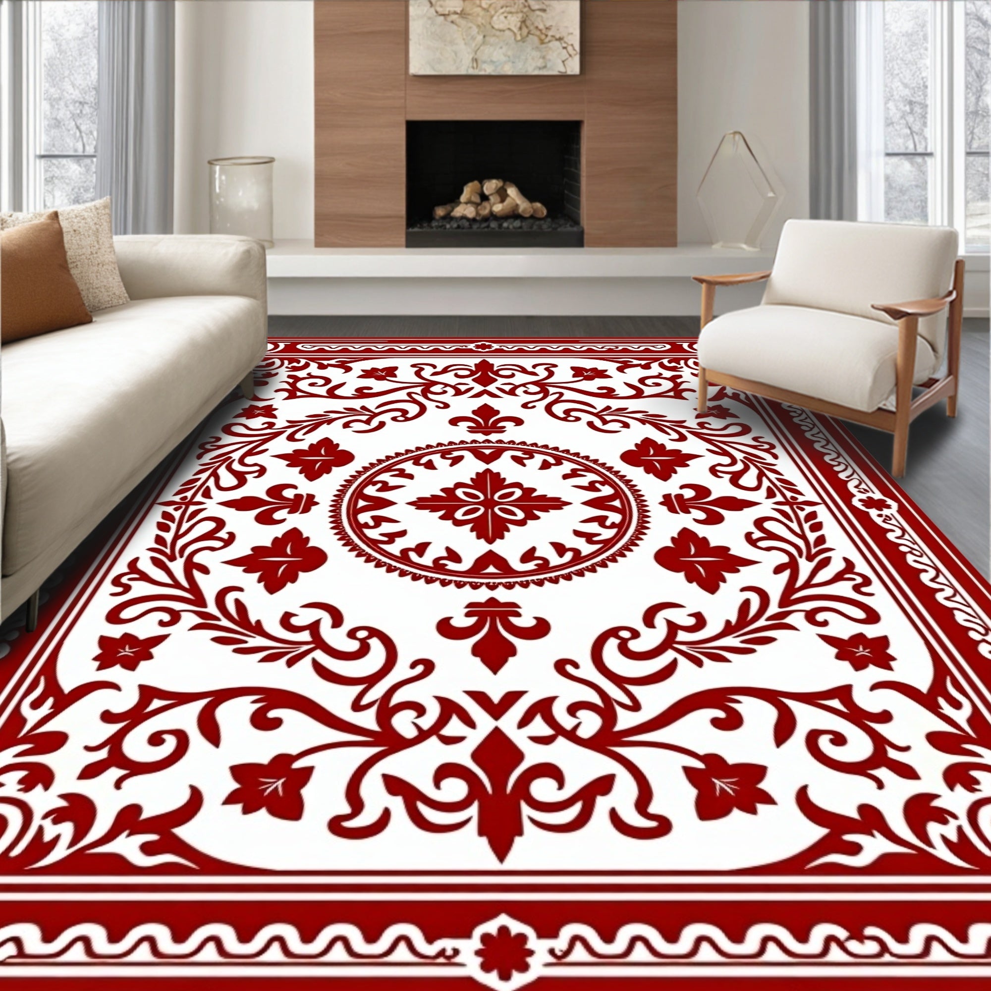 Crimson Red Floral Medallion Square Rug