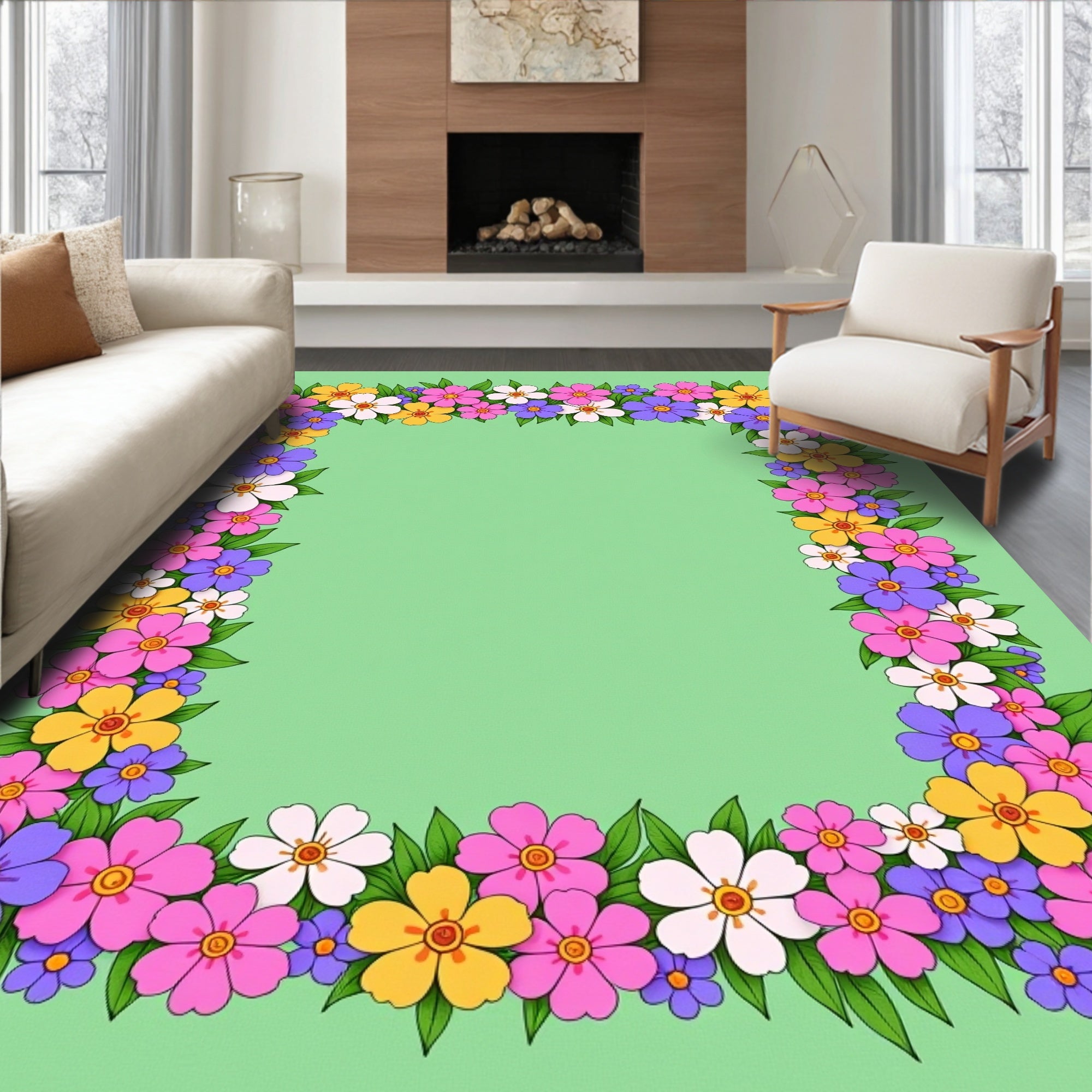 Whimsical Floral Border Pink Yellow Purple Rug