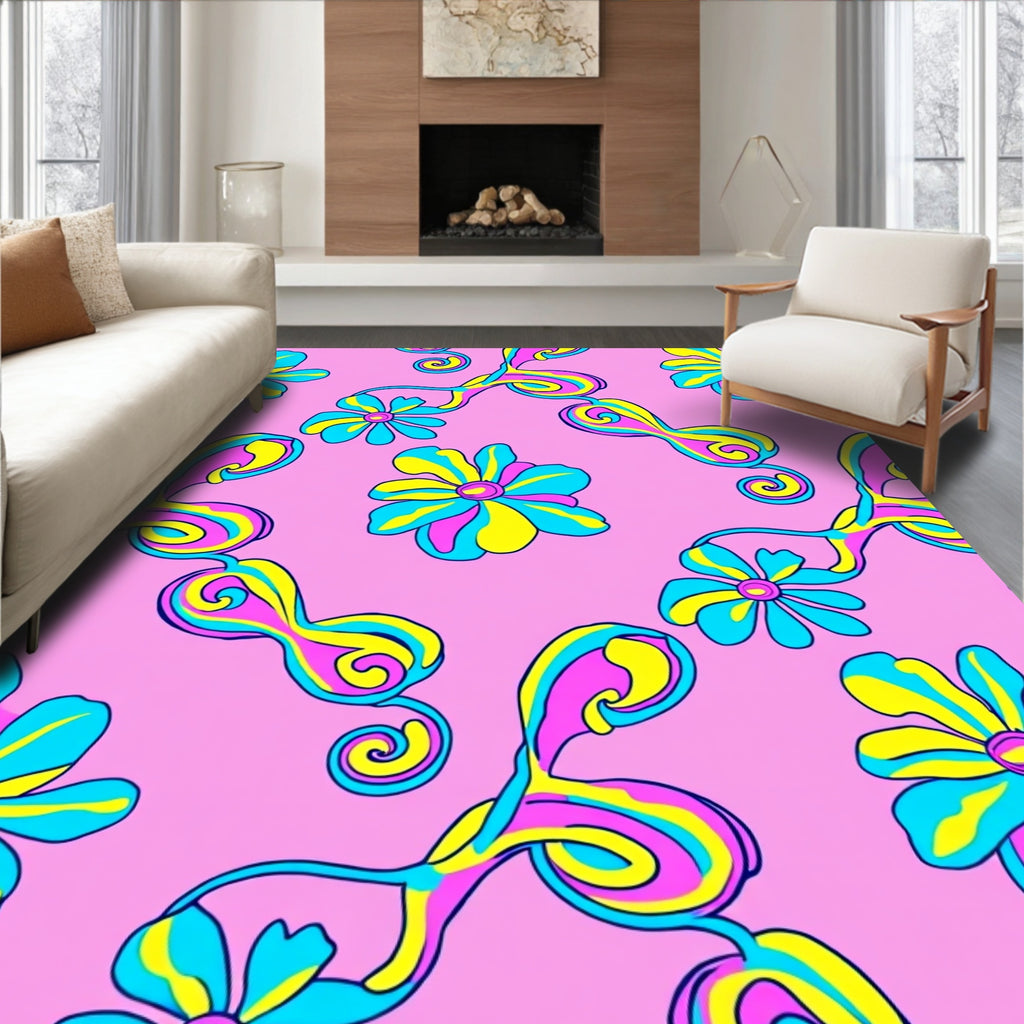 Vibrant Pink Groovy Floral Swirls Rug