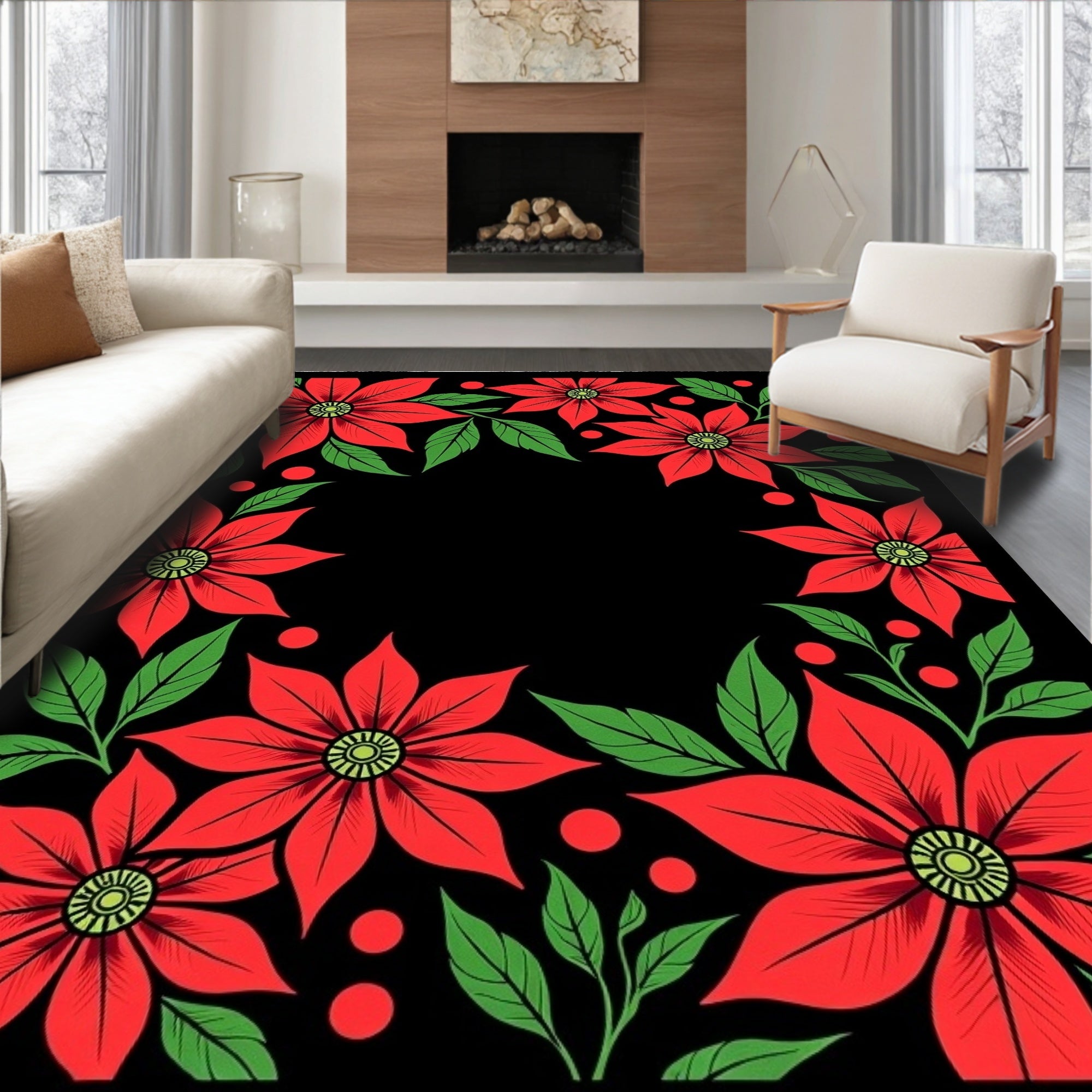 Vibrant Red Poinsettia Garden Border Rug