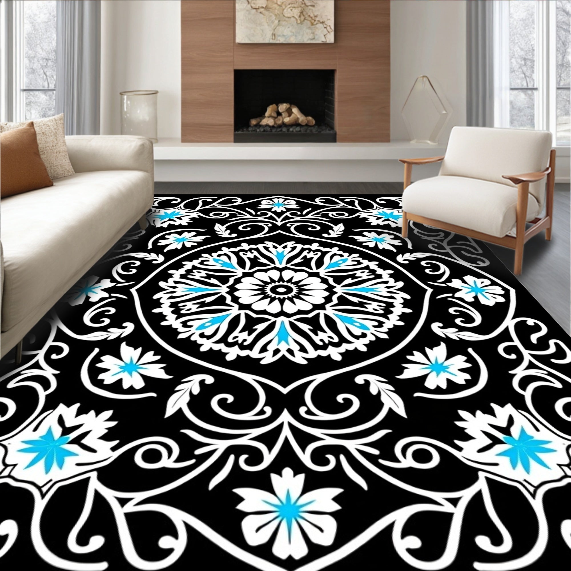 Black White Blue Floral Medallion Rug
