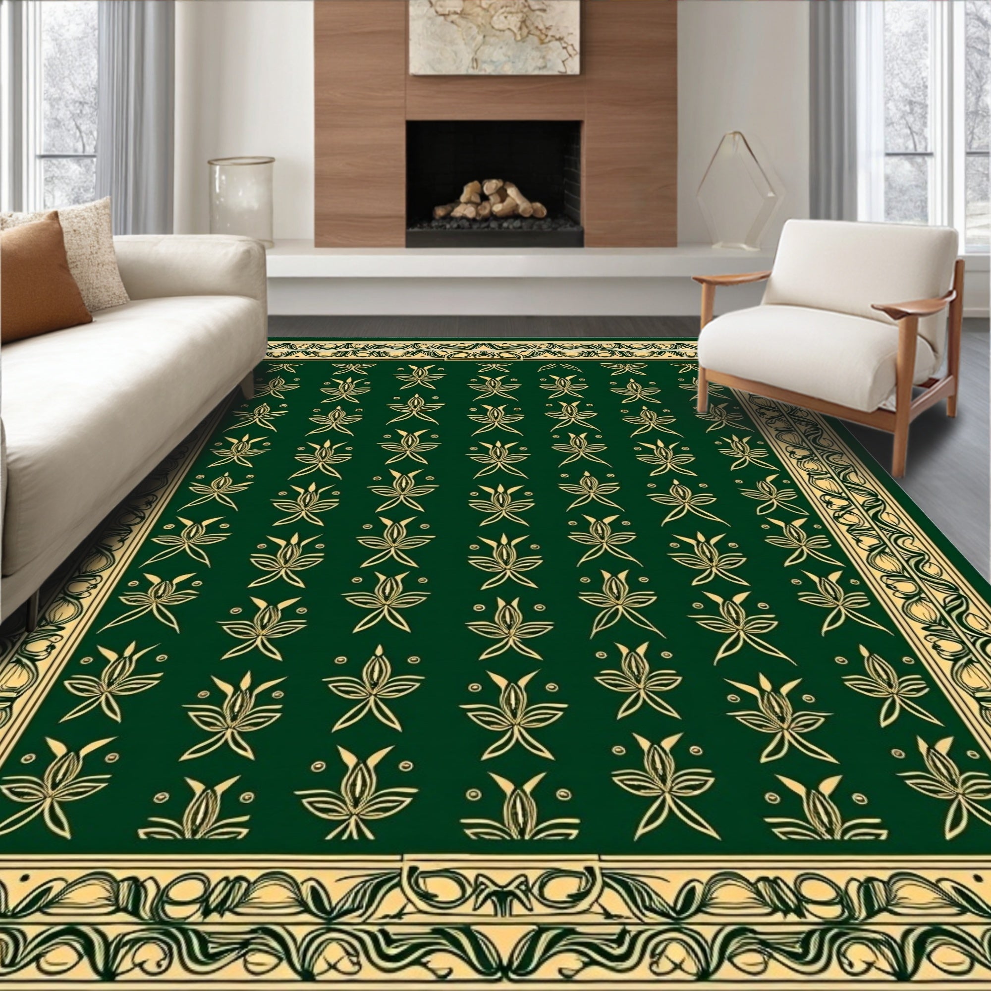 Emerald Gold Floral Vine Border Rug