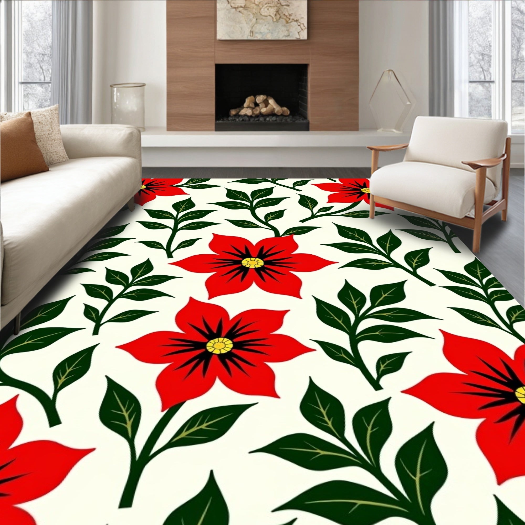 Vibrant Red Blooming Foliage Rug