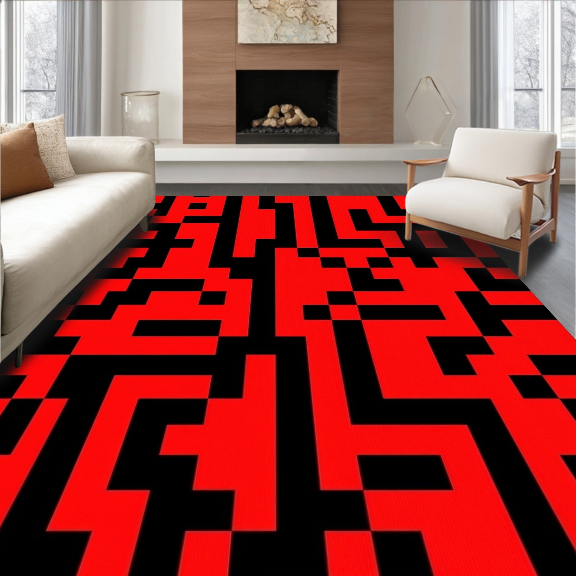 Red Black Pixelated Labyrinth Rug