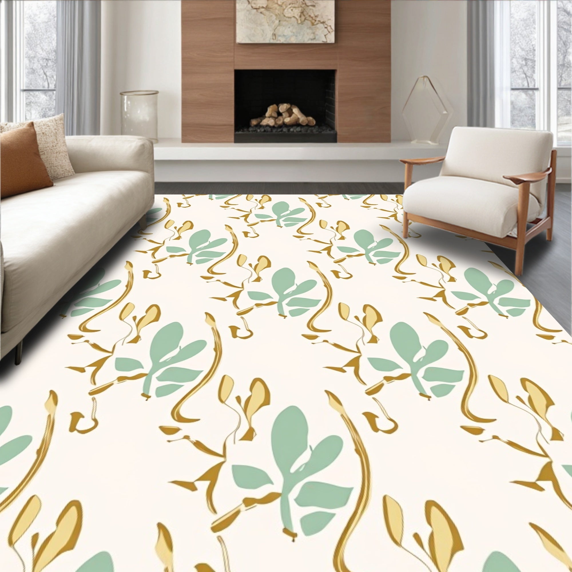 Soft Sage Golden Leafy Swirls Rug