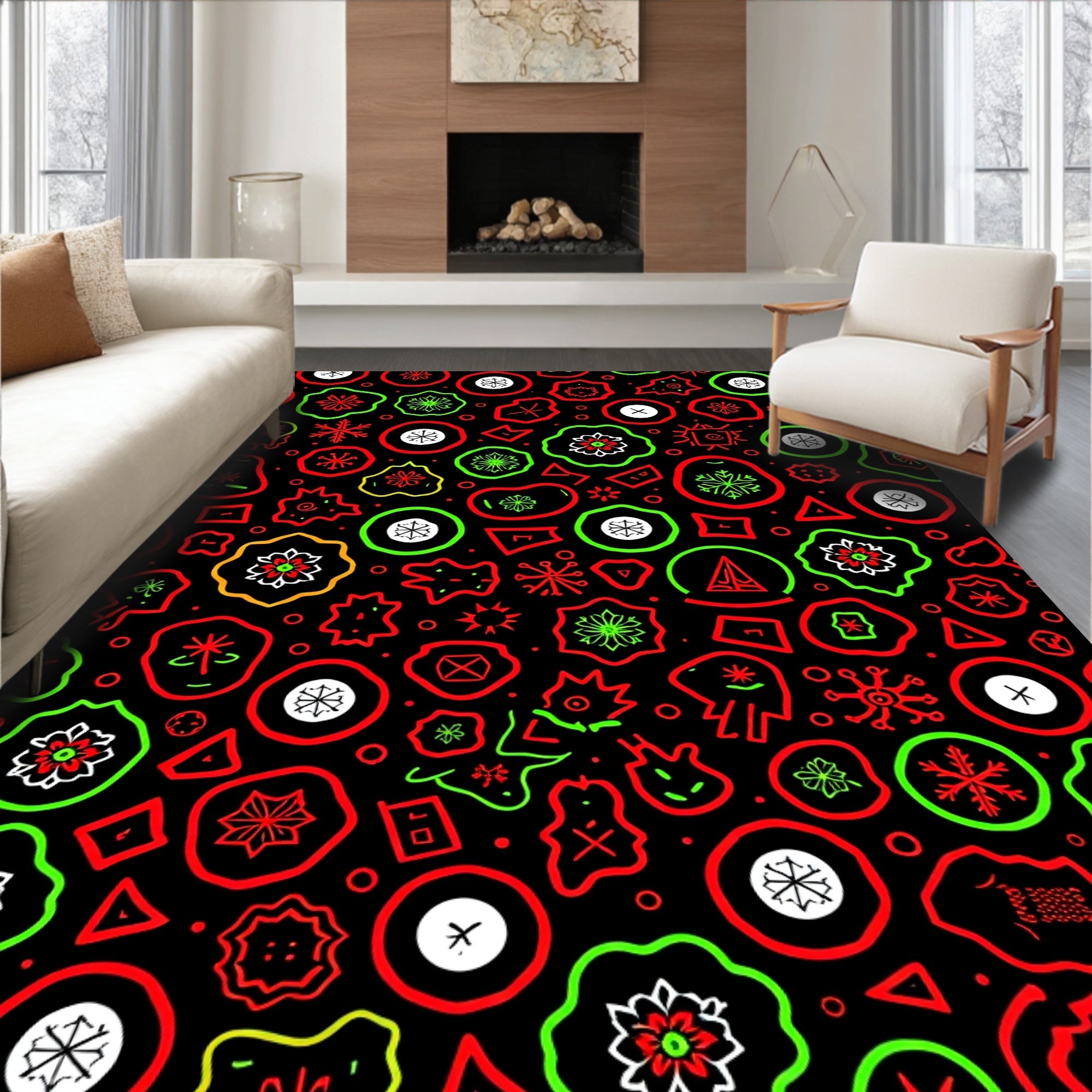 Whimsical Red Green Abstract Shapes Rug