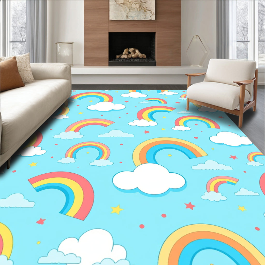 Whimsical Rainbow Clouds Stars Sky Rug