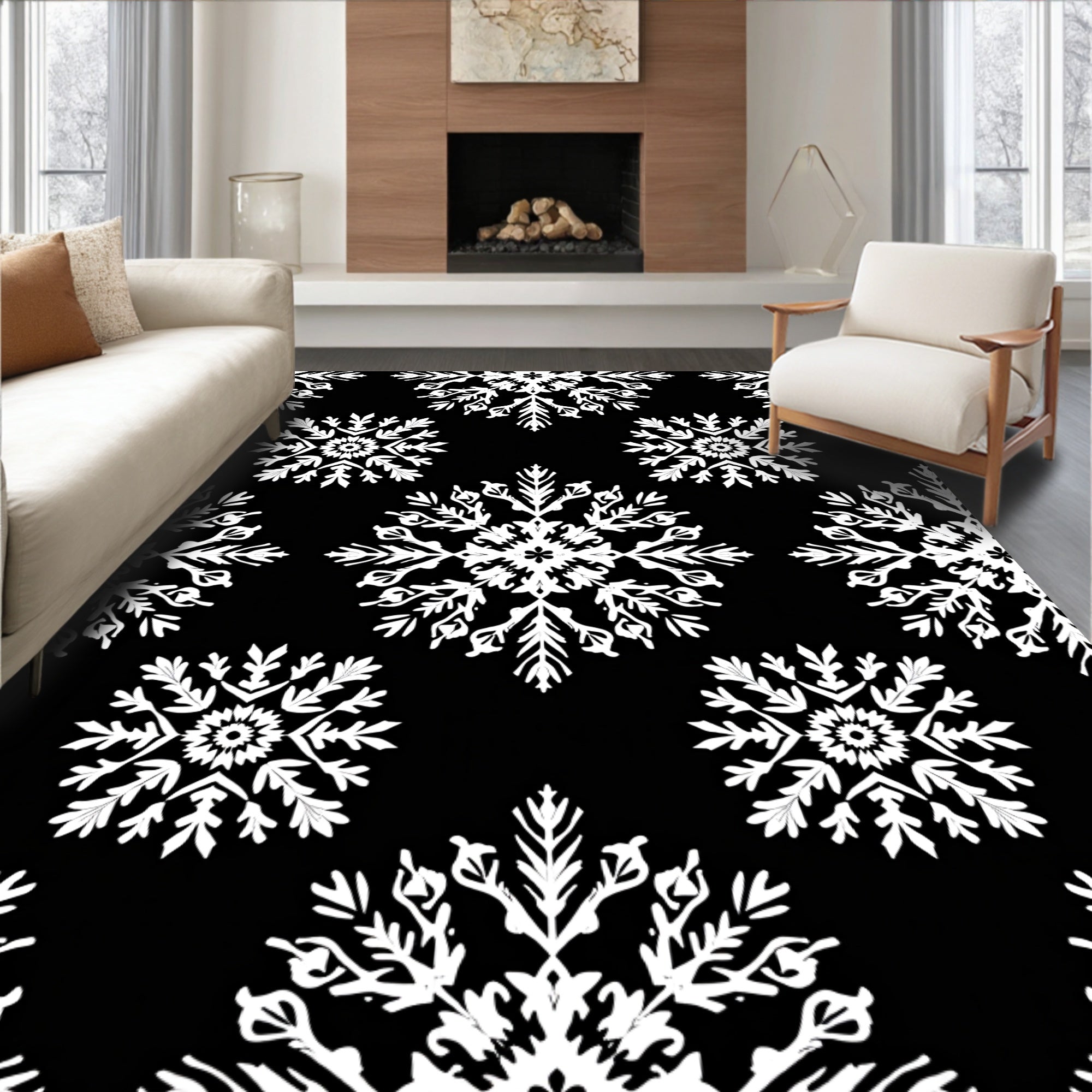 Black White Snowflake Medallion Repeat Rug