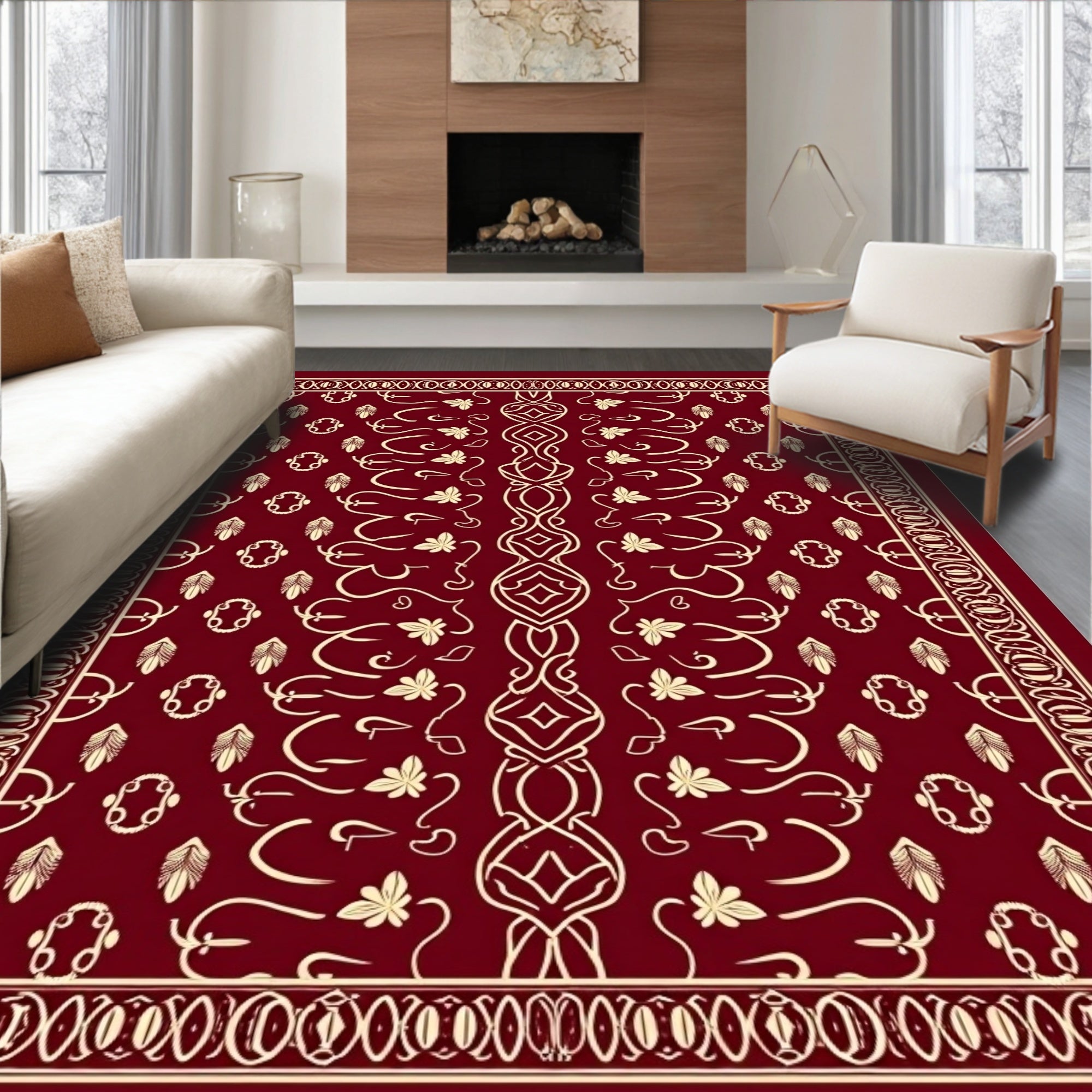 Crimson Ivory Ornate Floral Vine Rug