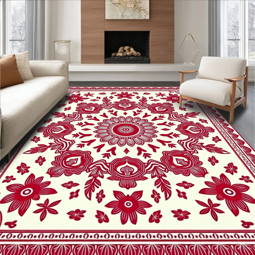 Bold Crimson Floral Mandala Rug