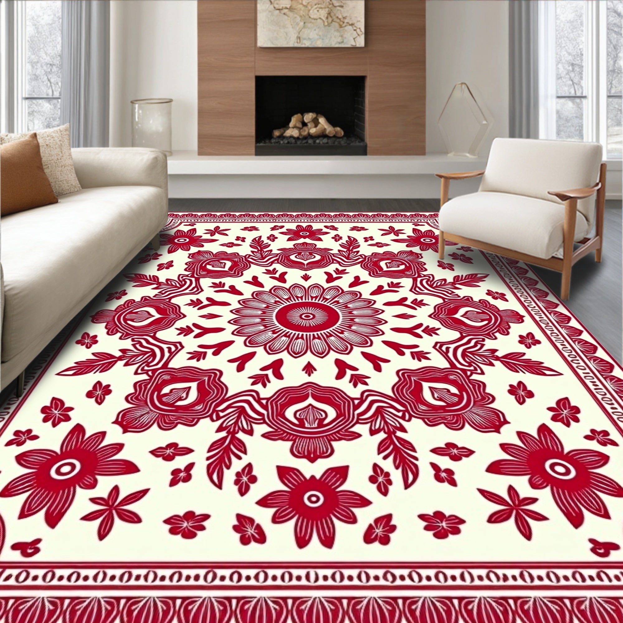 Bold Crimson Floral Mandala Rug