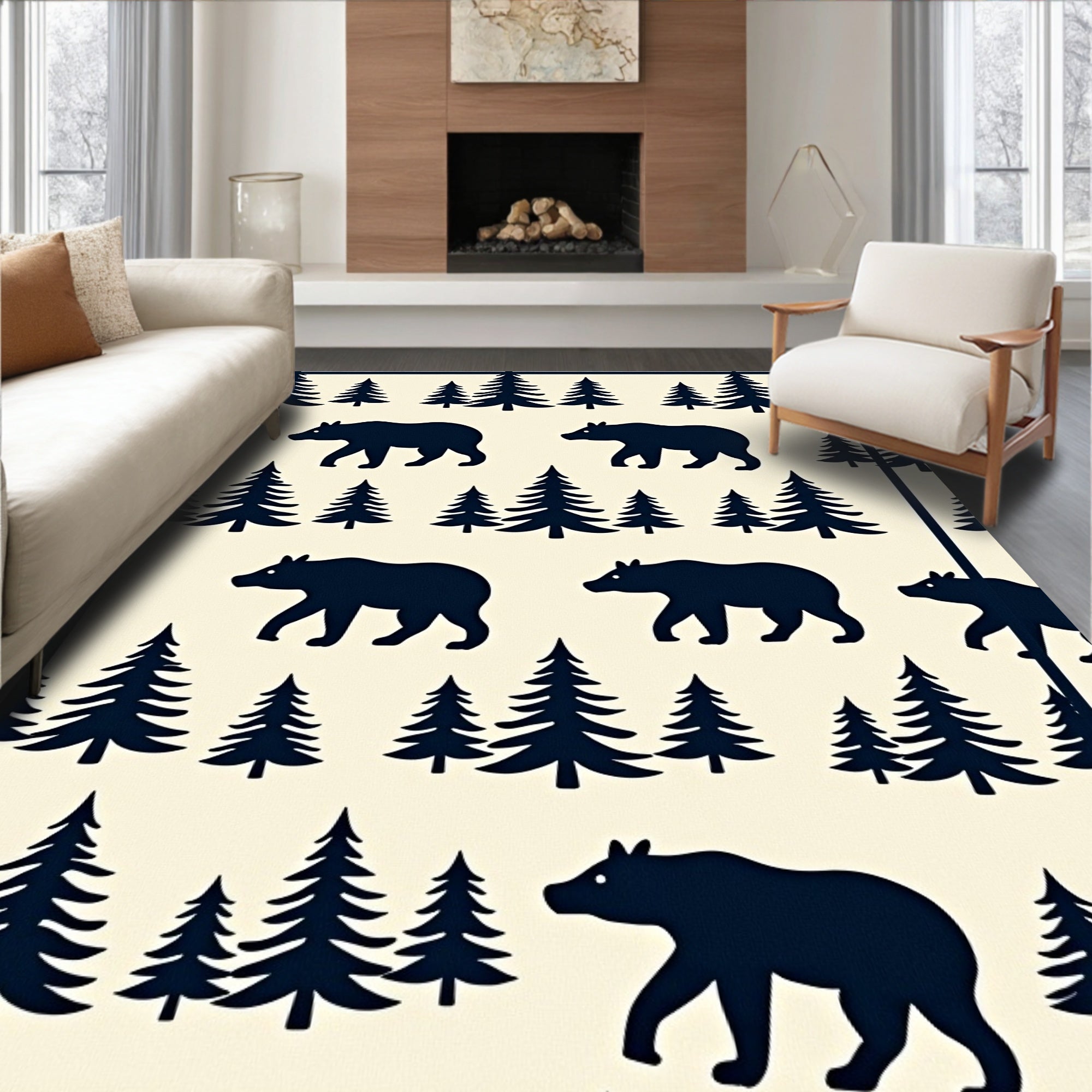 Dark Navy Bear Forest Scene Rug