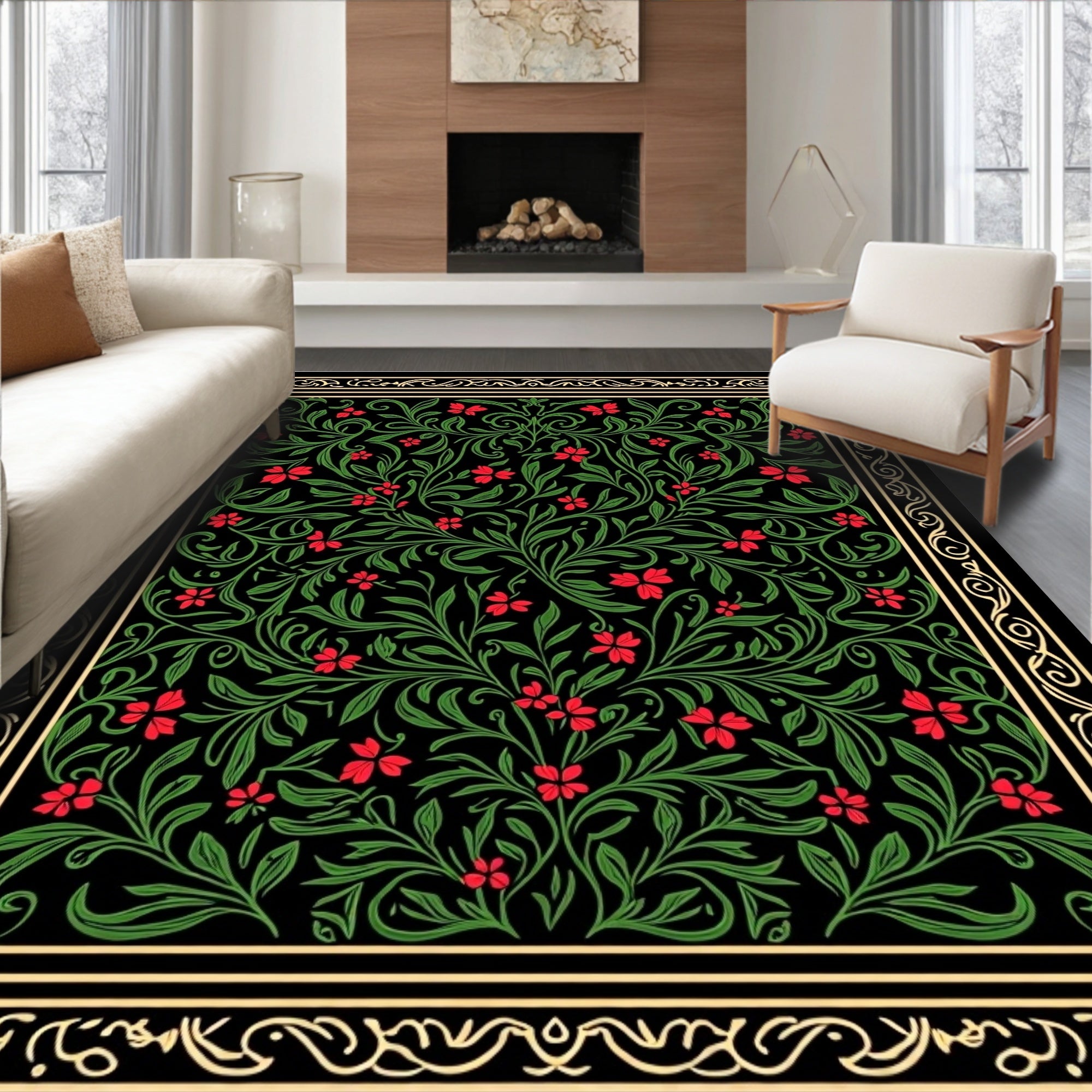 Black Crimson Floral Vine Scroll Rug
