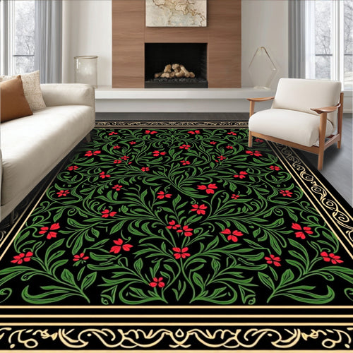 Black Crimson Floral Vine Scroll Rug