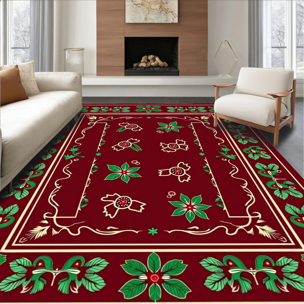 Crimson Poinsettia Ribbon Swirl Rug