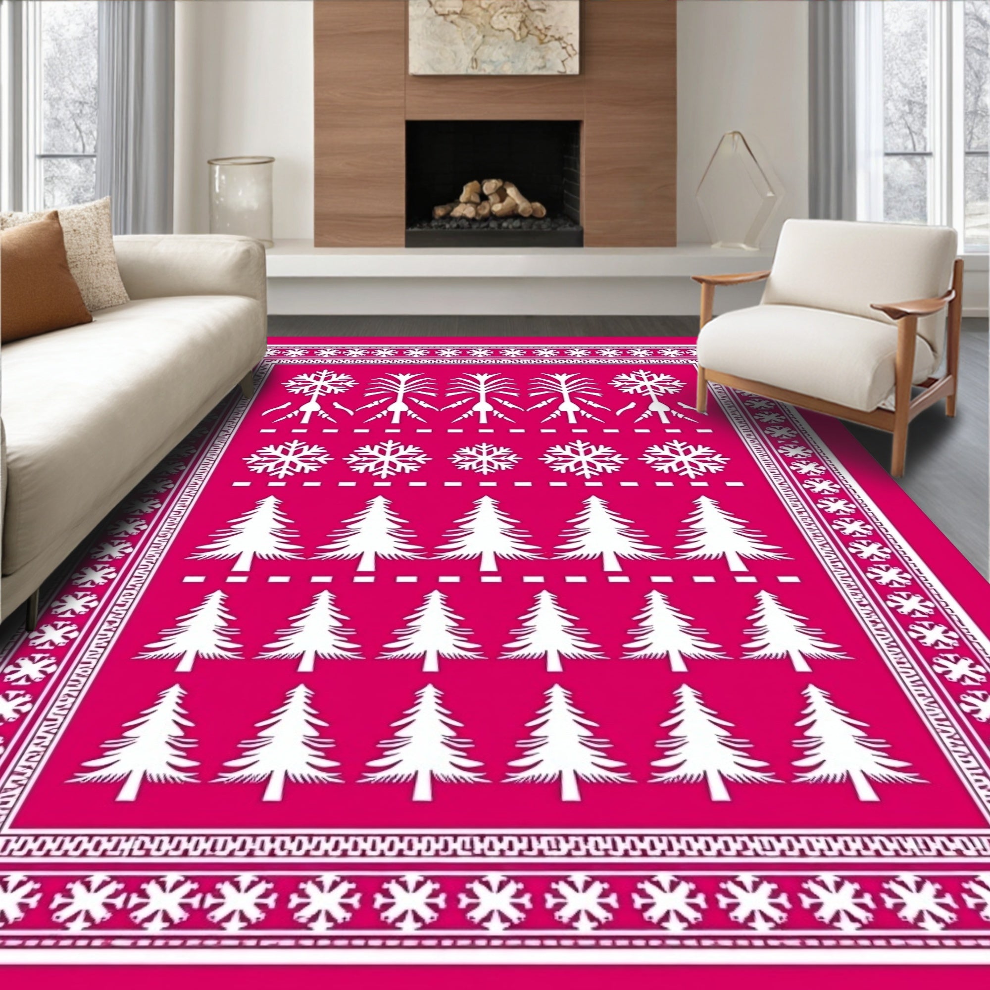 Bold Pink Whimsical Winter Woodland Rug