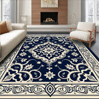 Dark Blue Cream Floral Medallion Border Rug