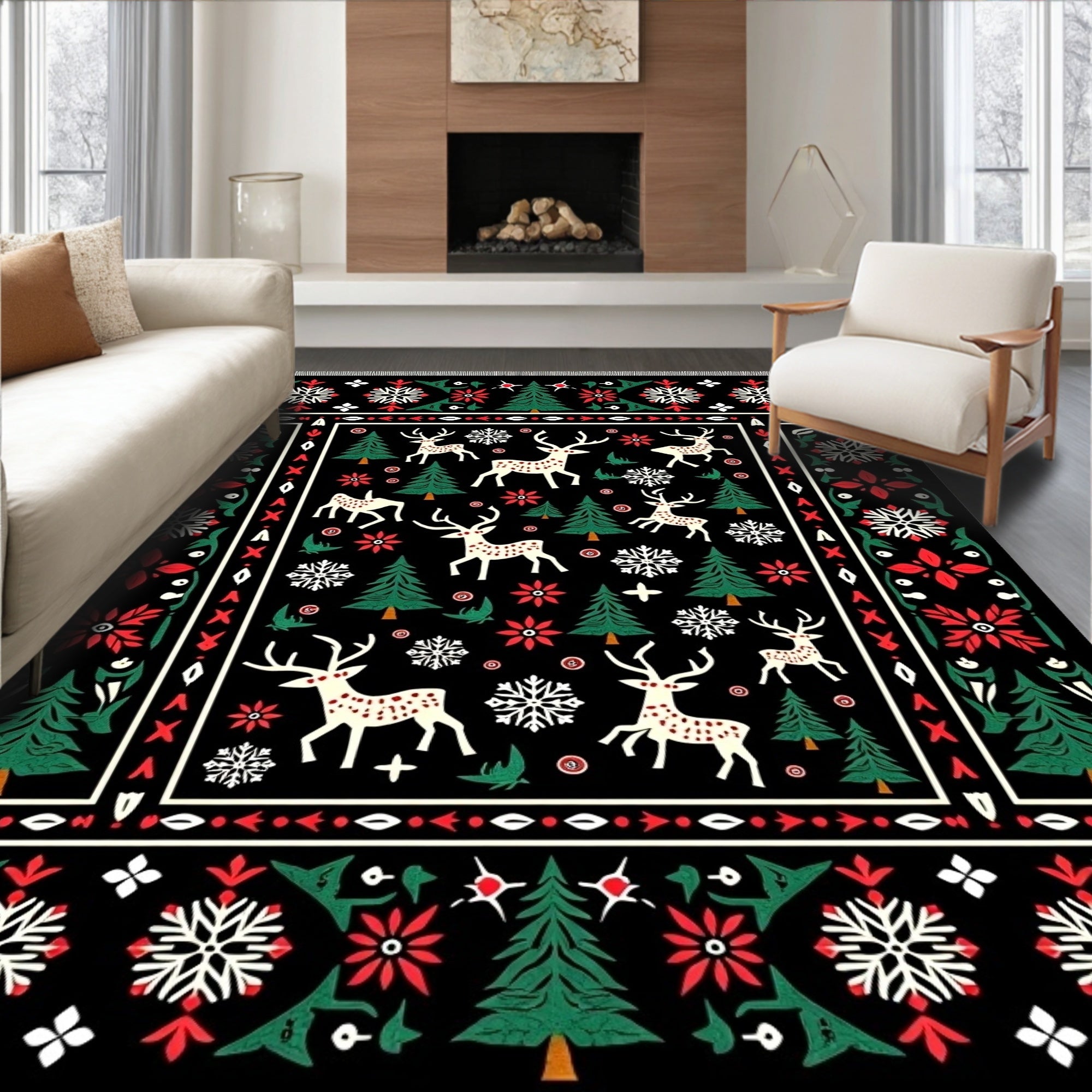 Cream Red Green Festive Reindeer Trees Rug