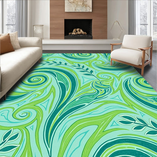 Aqua Emerald Swirl Leaf Art Rug
