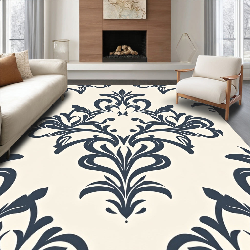 Deep Blue Damask Cream Scroll Rug