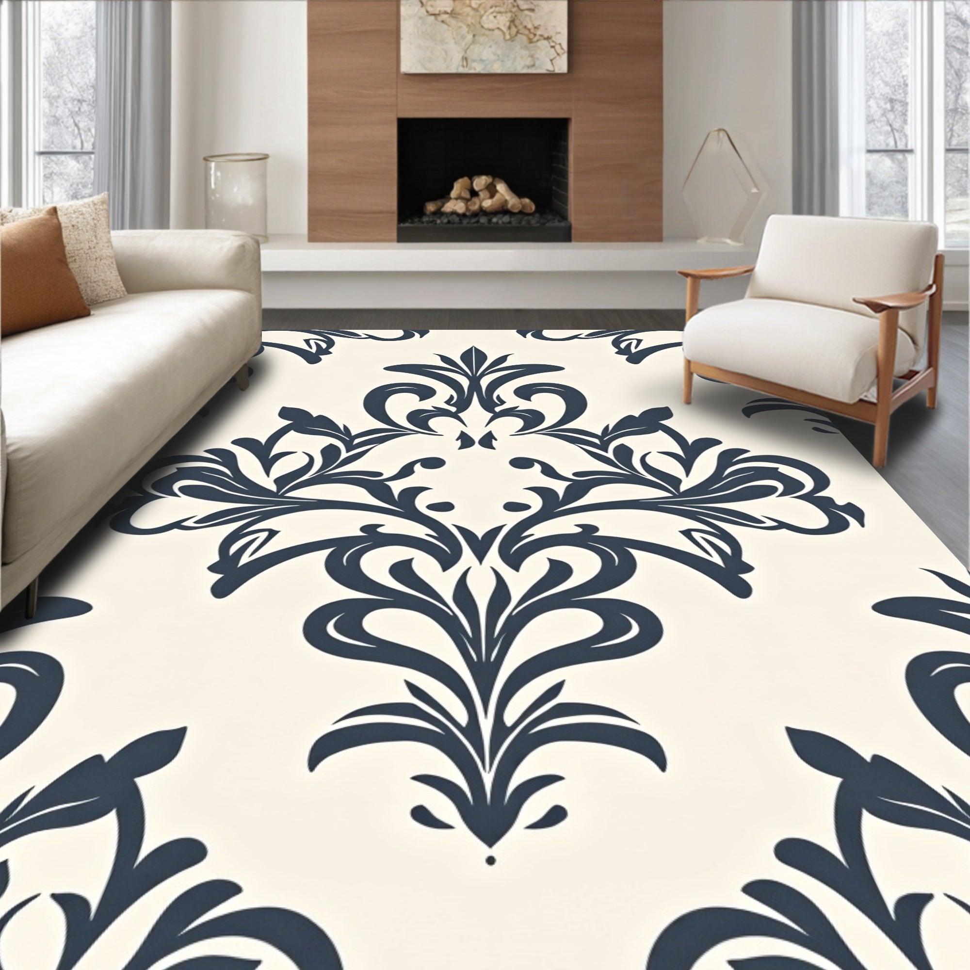 Deep Blue Damask Cream Scroll Rug