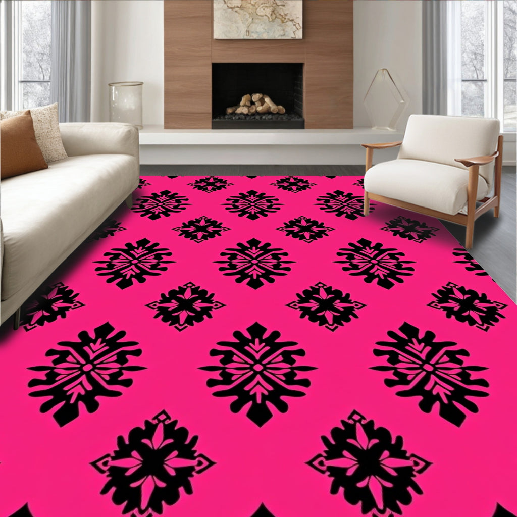 Hot Pink Black Damask Medallion Rug