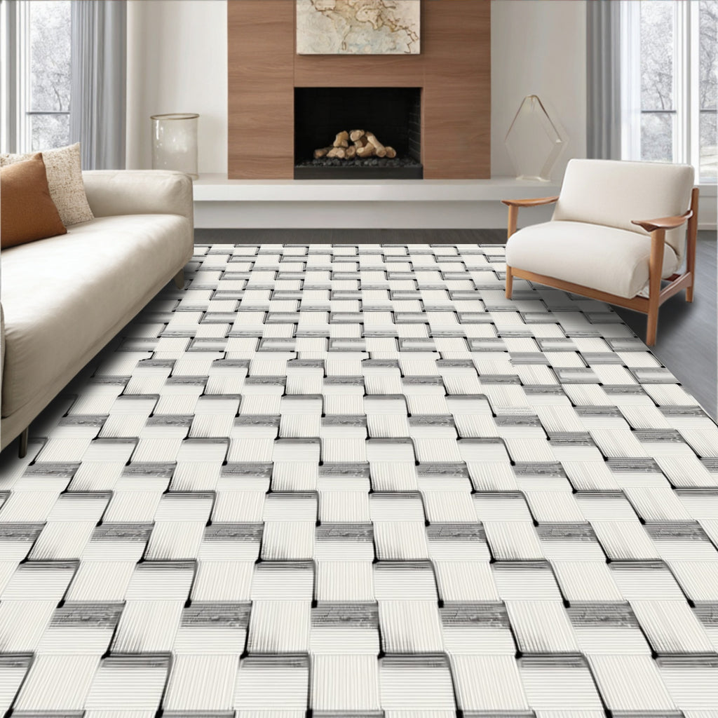 Cream and Gray Woven Geometric Rug