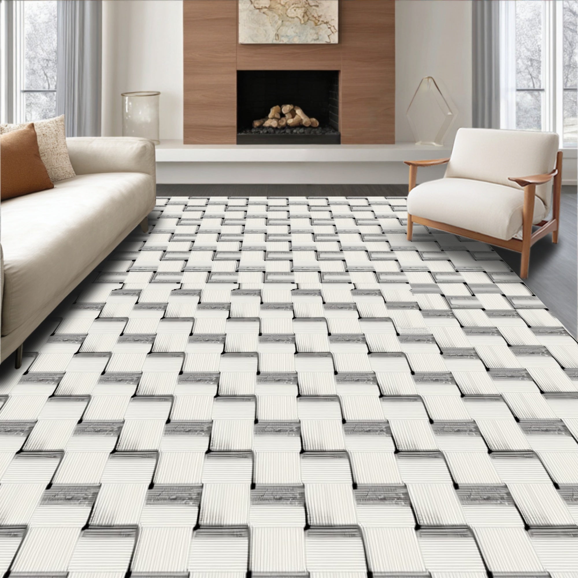 Cream and Gray Woven Geometric Rug