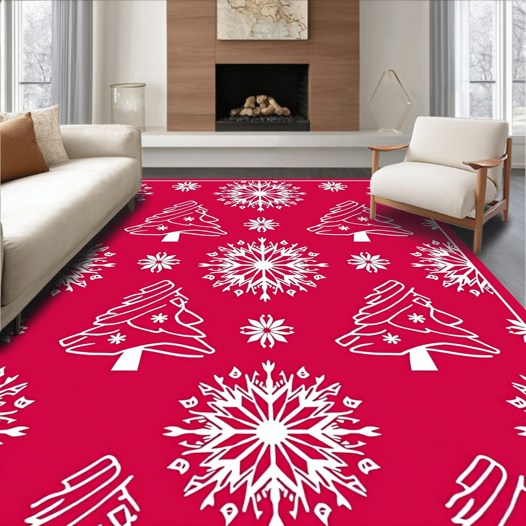 Red White Snowflake Christmas Tree Rug