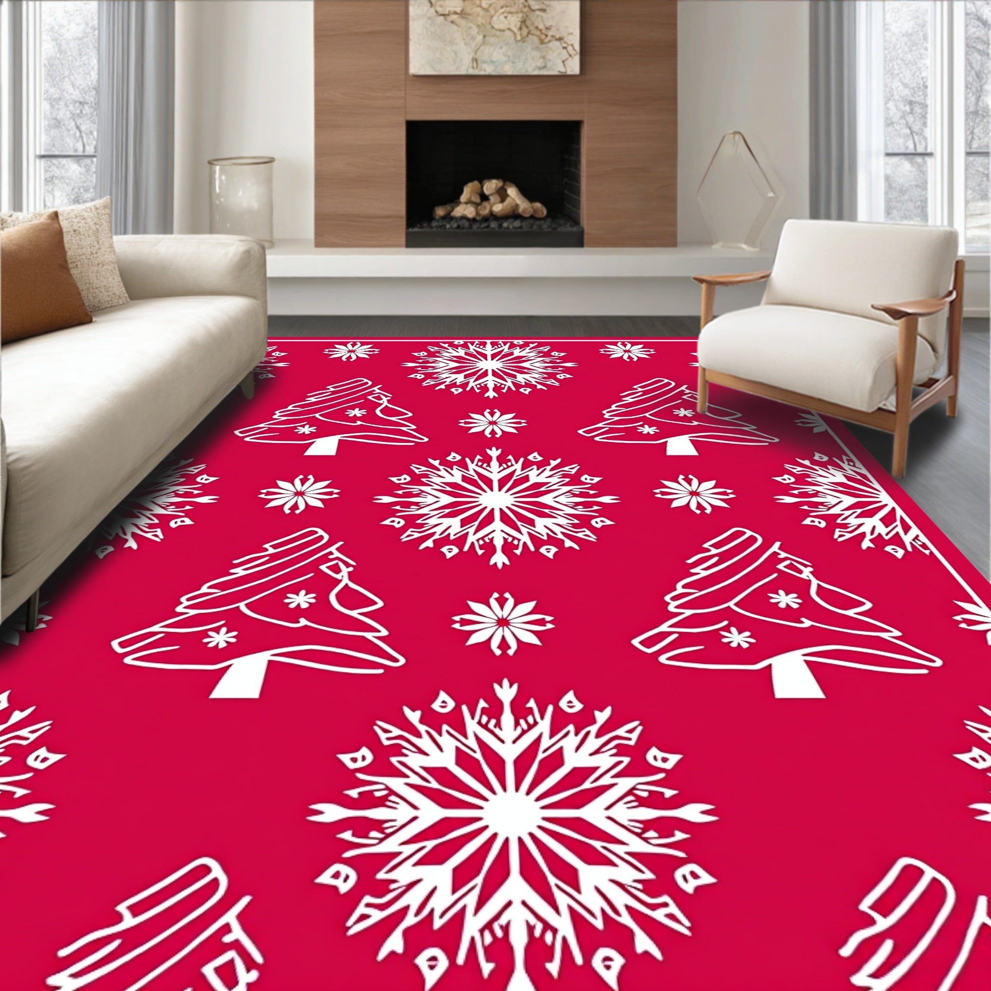 Red White Snowflake Christmas Tree Rug