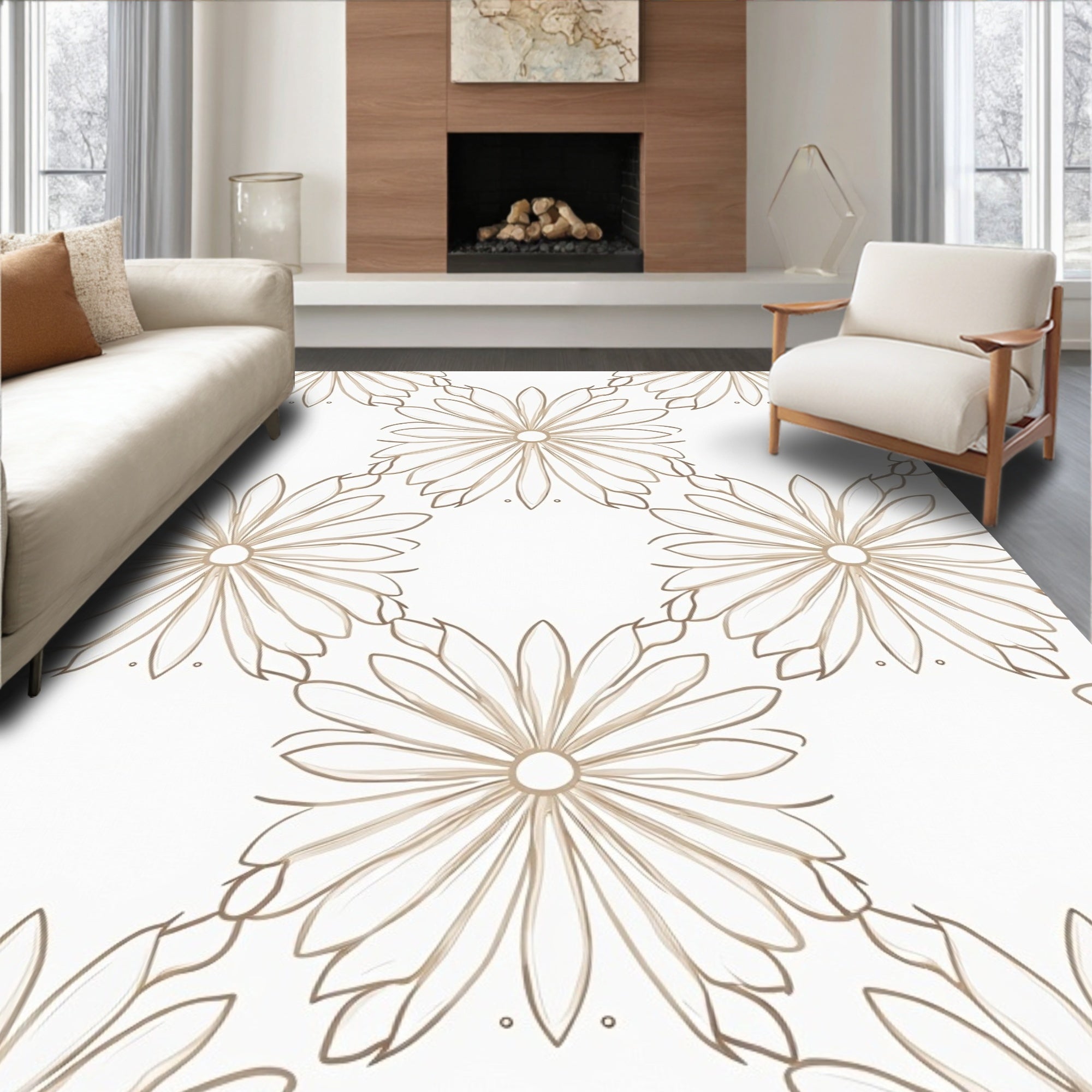 Minimalist Beige Floral Outline Rug