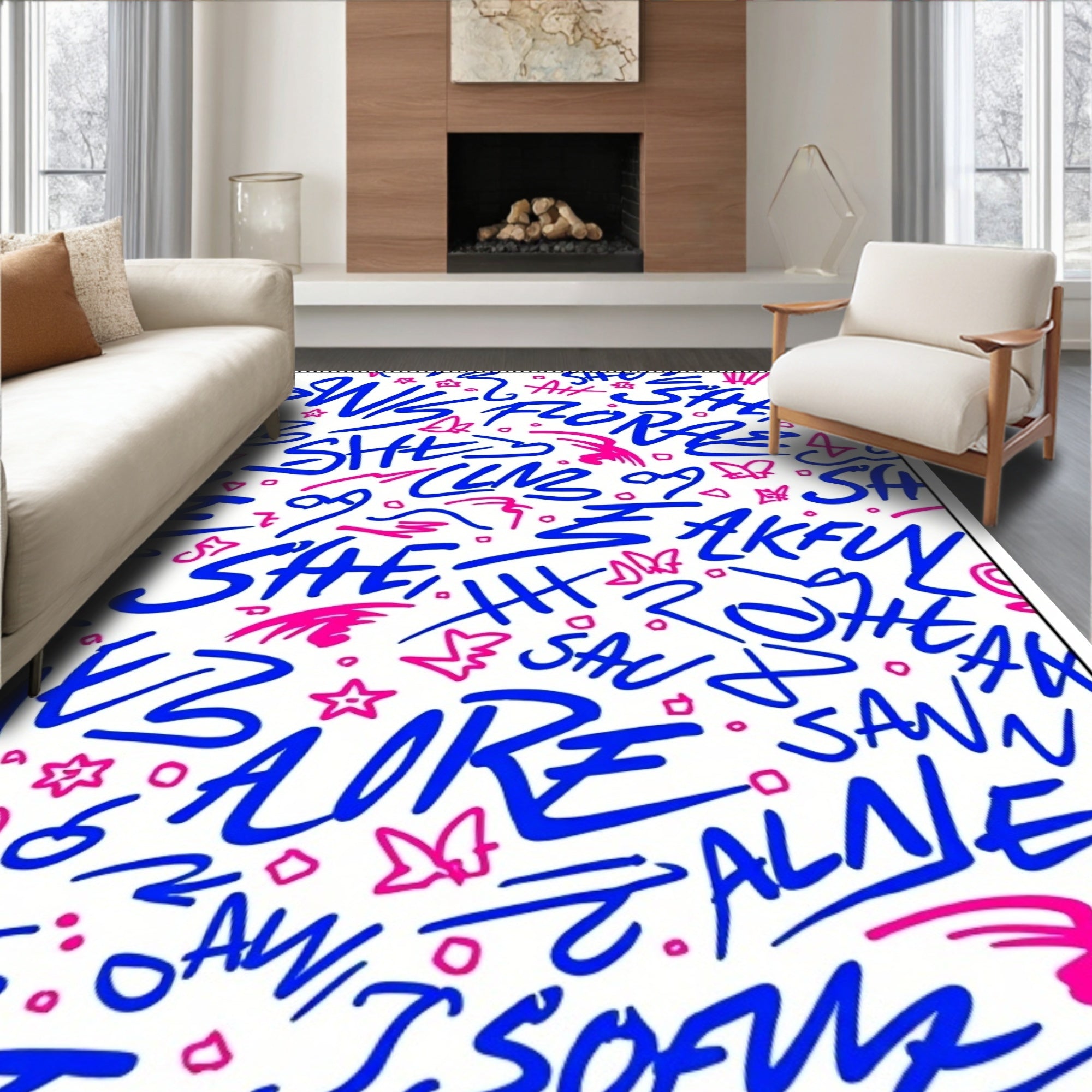 Blue And Pink Graffiti Text Rug