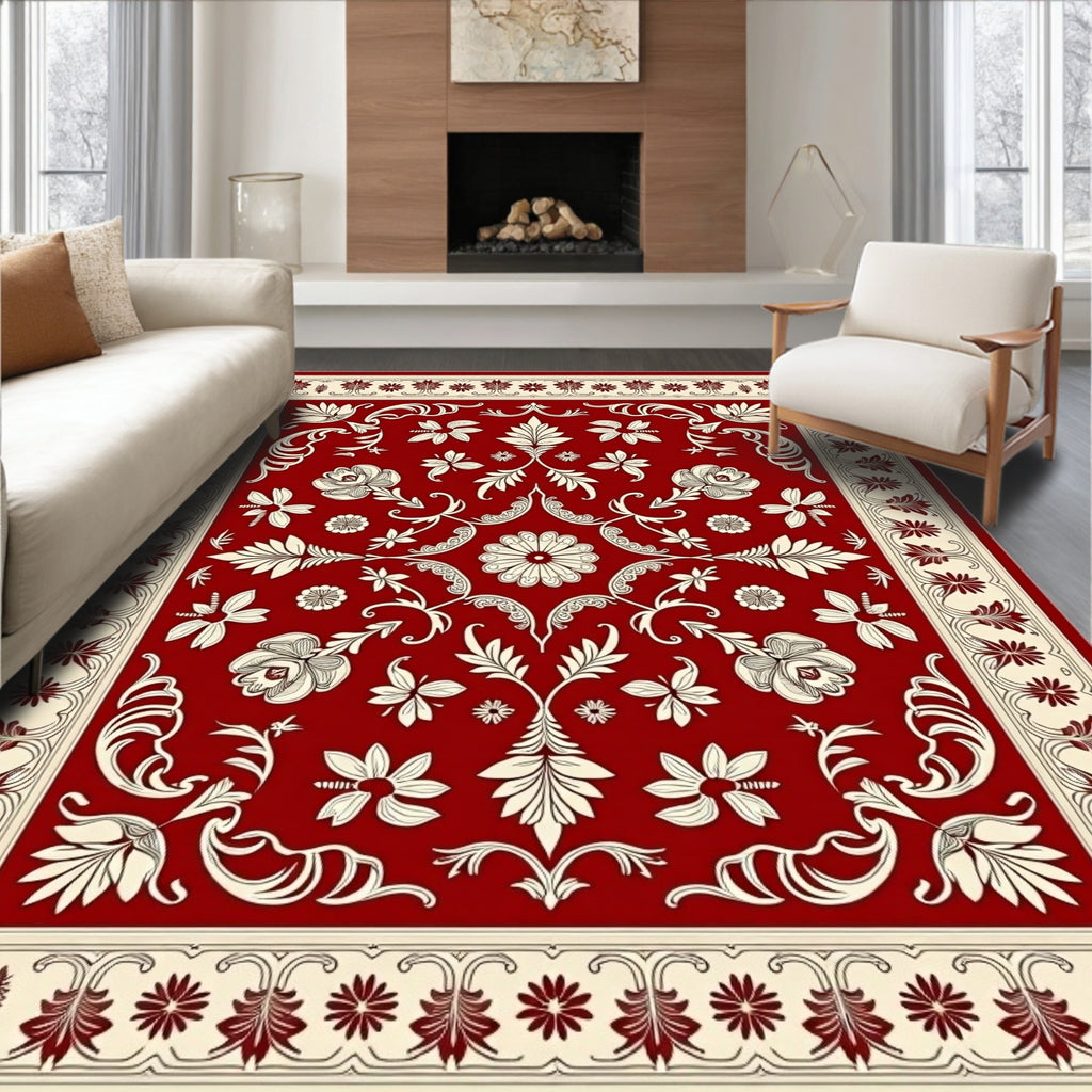 Rich Red Ornate Floral Vine Rug