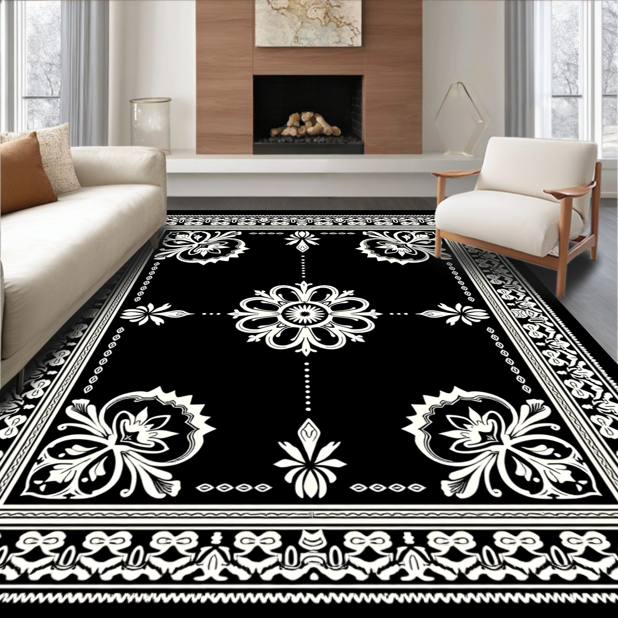 Monochromatic Floral Scroll Border Rug