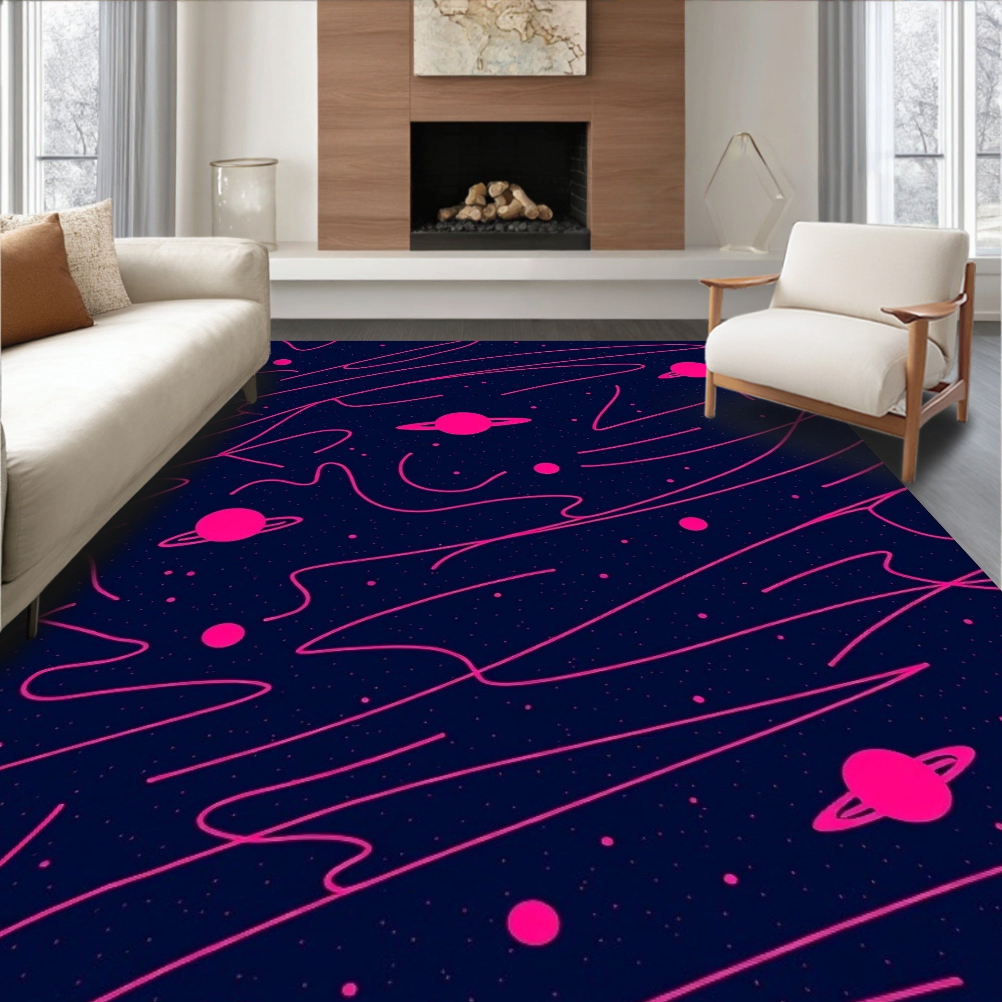 Vibrant Pink Cosmic Nebula Planets Rug