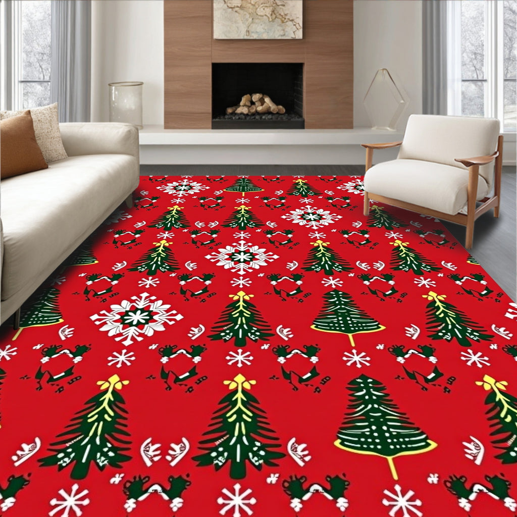 Red Evergreen Snowflake Woodland Holiday Rug