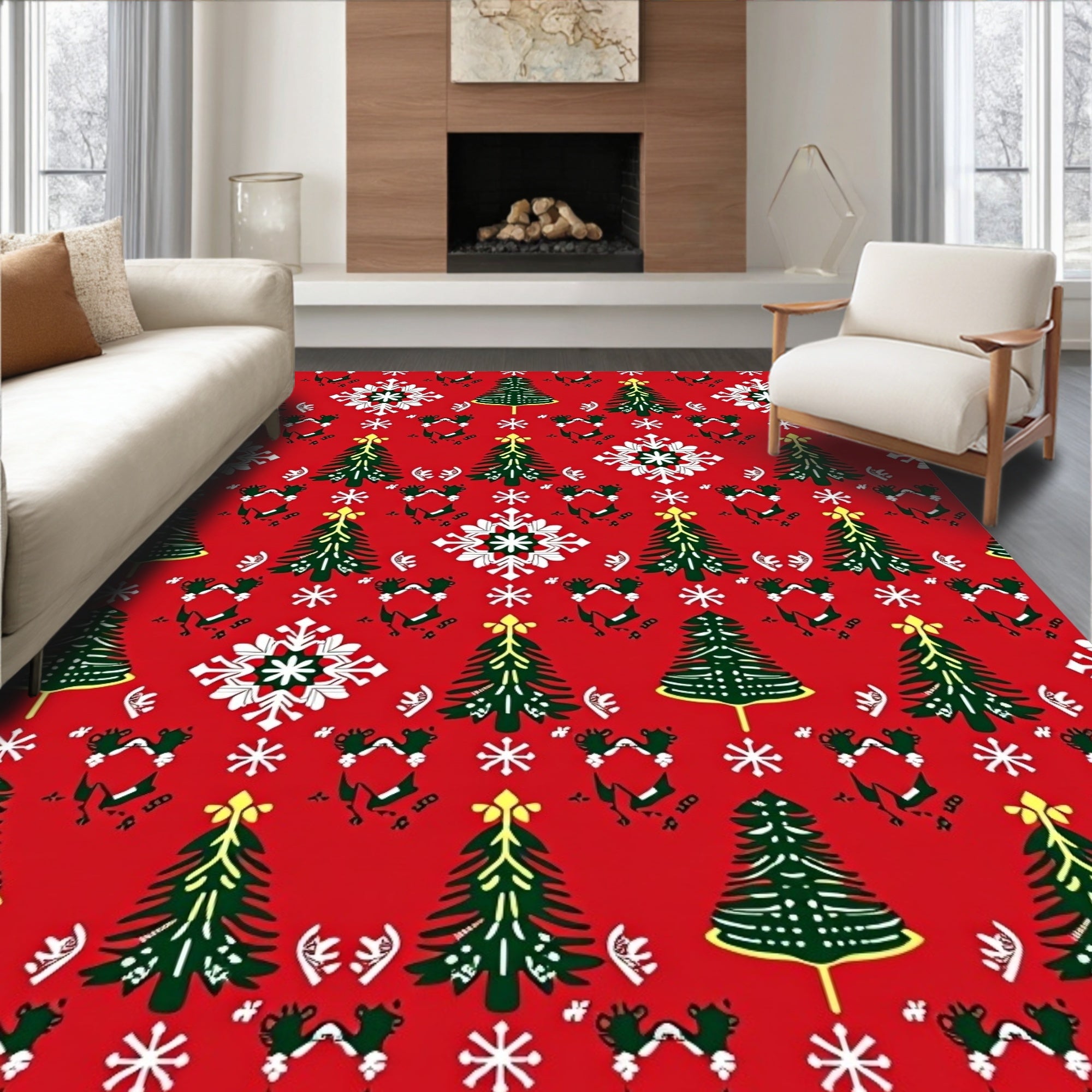 Red Evergreen Snowflake Woodland Holiday Rug