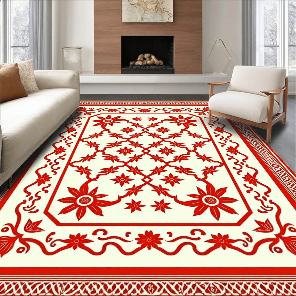 Crimson Red Floral Vine Border Rug