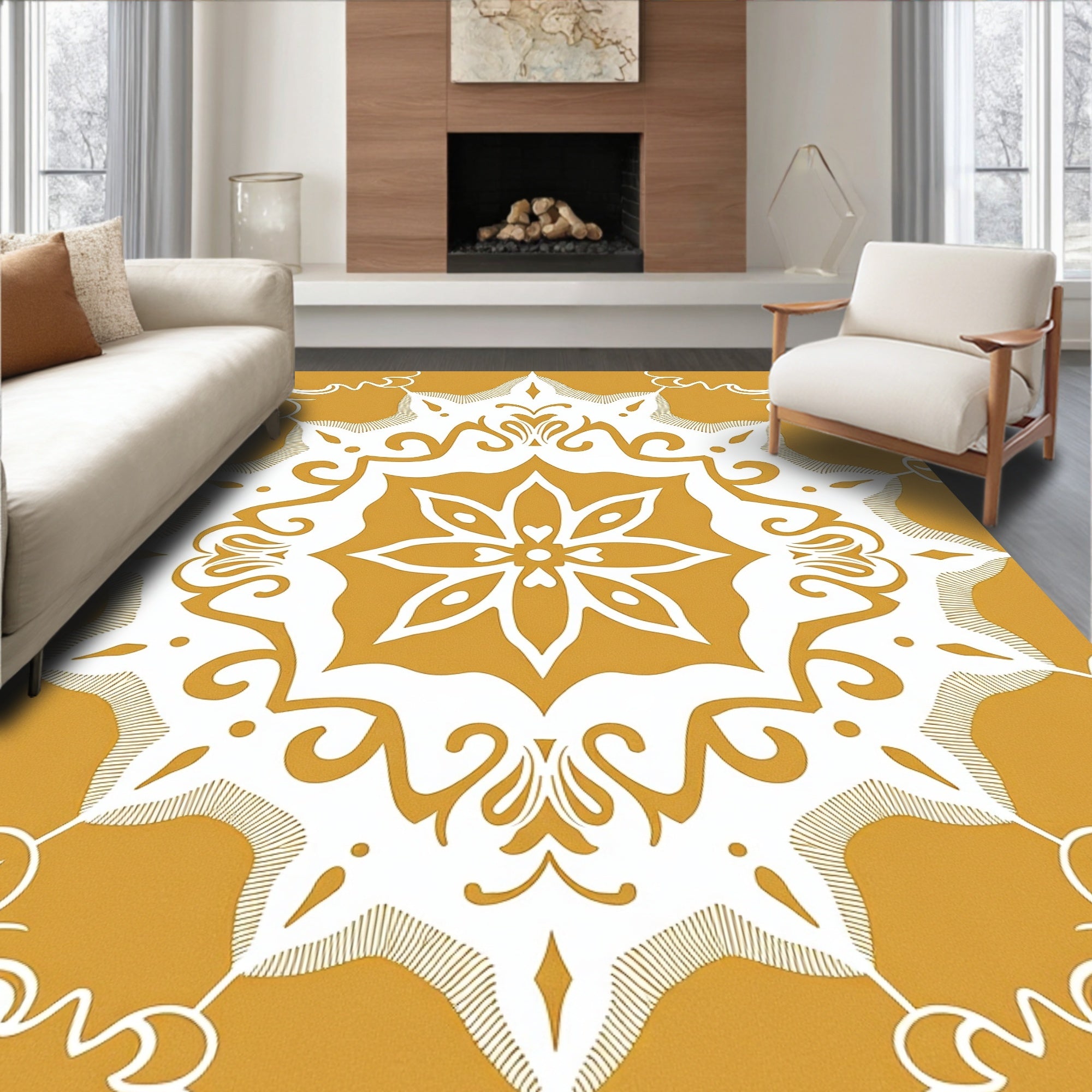 Golden Ochre Floral Medallion Swirl Rug