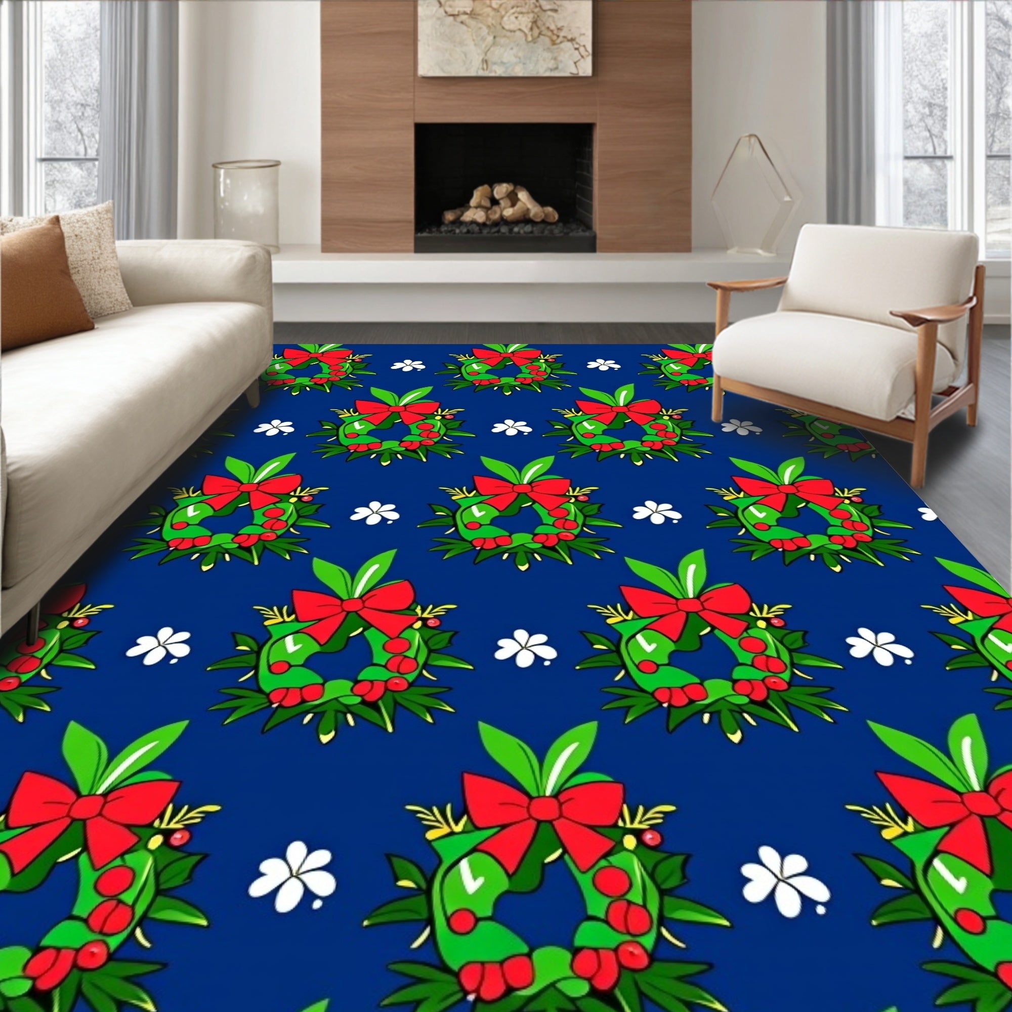 Red Bow Green Wreath White Flower Rug
