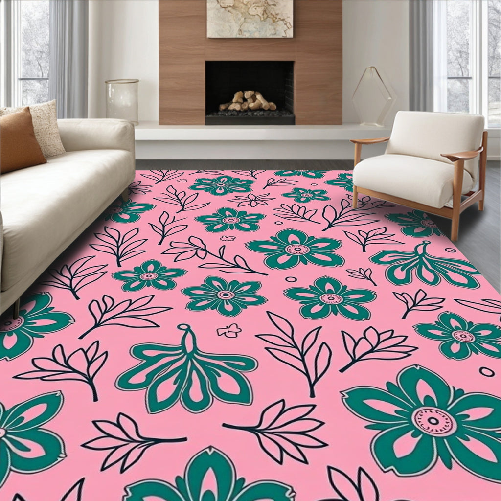 Teal Wildflower Meadow Pink Background Rug