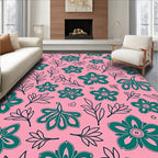 Teal Wildflower Meadow Pink Background Rug