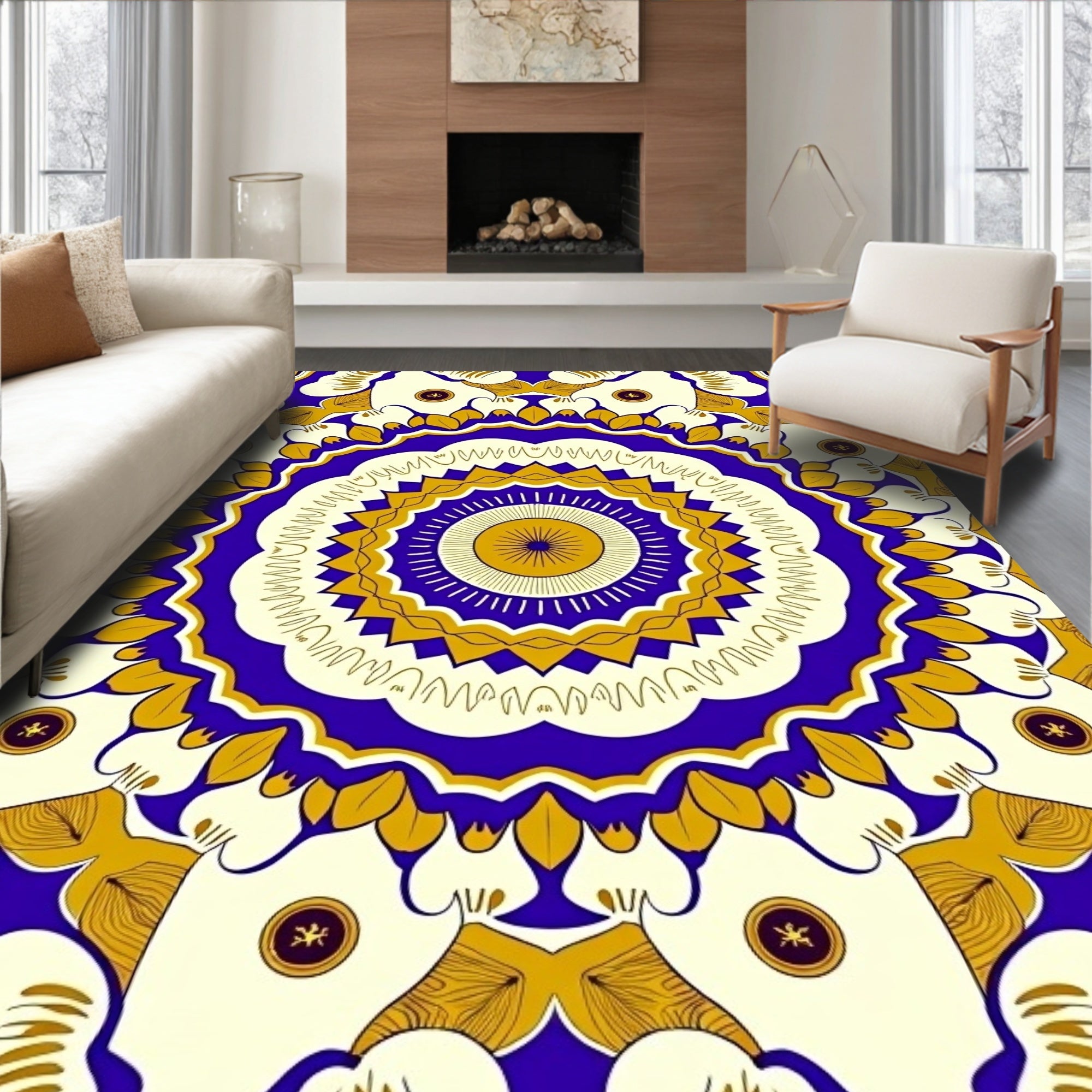 Vibrant Blue Gold Mandala Bloom Rug