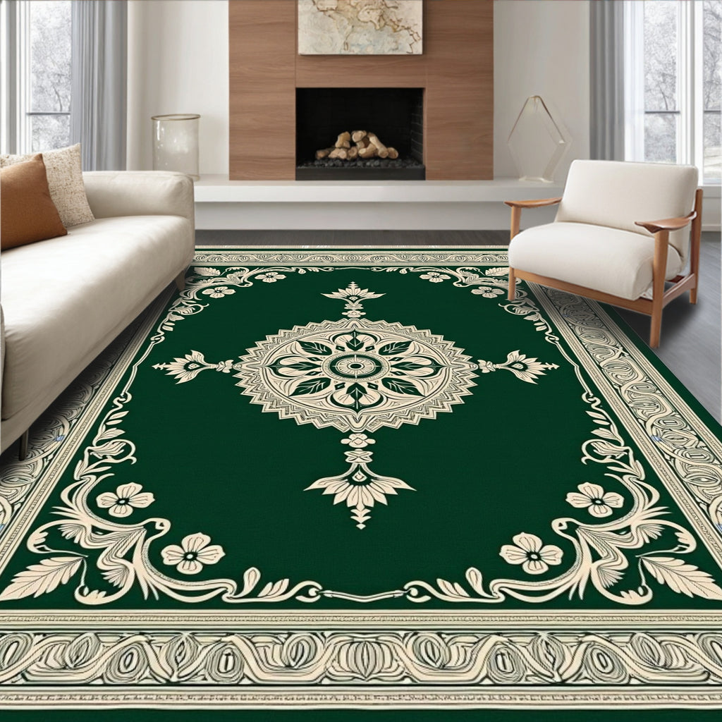 Emerald Green Floral Mandala Border Rug