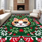 Festive Orange Cat Green Red Border Rug