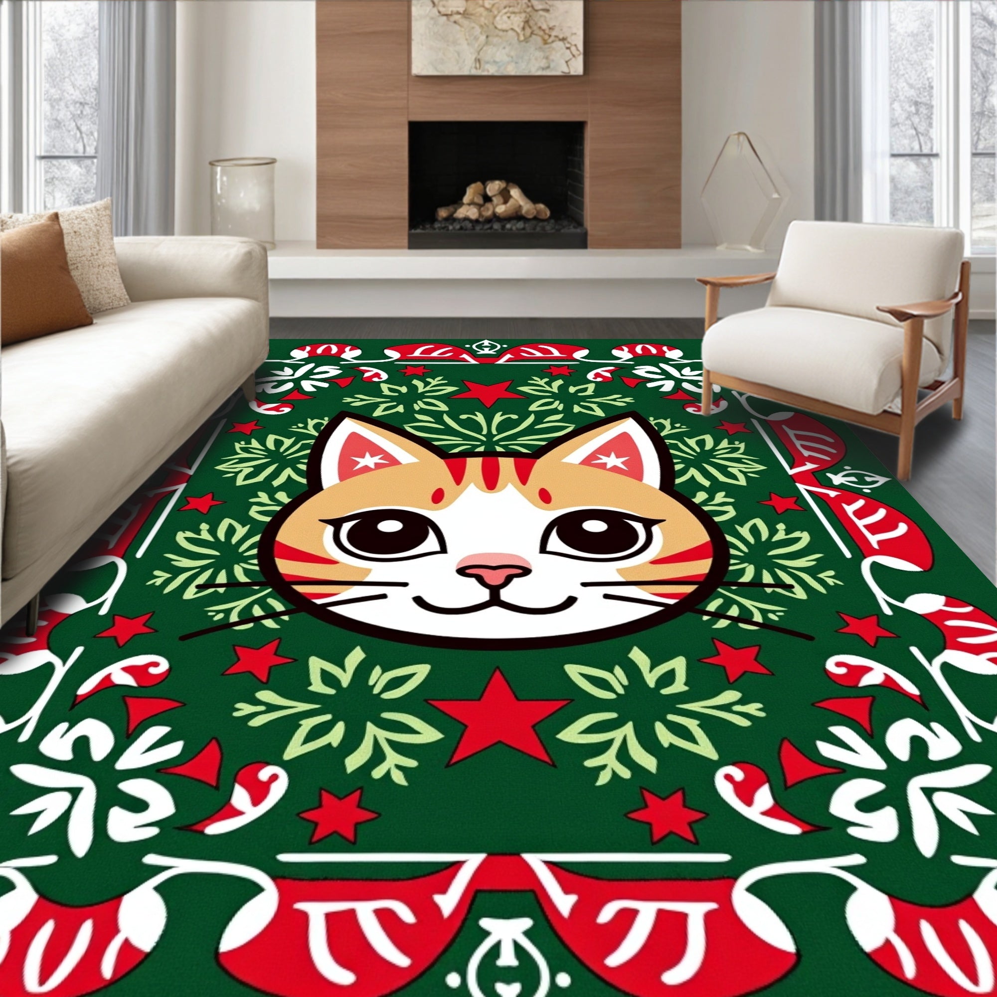 Festive Orange Cat Green Red Border Rug